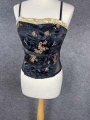 Oriental Floral Embroidered Corset Top UK 14 Black Gold Party Going Out Y2K