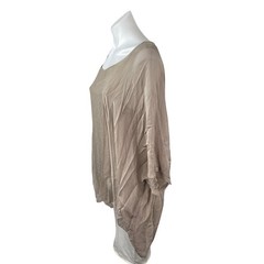 Womens Beige Silk Lagenlook Round Neck Batwing Sleeve Tunic Shirt Blouse Top S/M