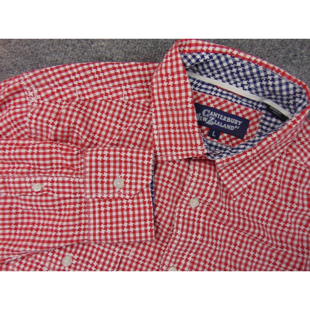 Canterbury of New Zealand Shirt Mens Large Red White Gingham Houndstooth Rugby