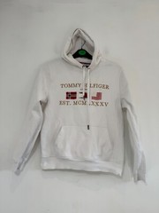Tommy Hilfiger Hoodie Mens Size Small White Muti Flag Embroidered Sweatshirt
