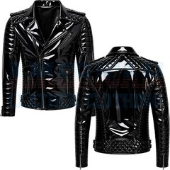 Mens Black Wet Look Pvc Vinyl Motorcycle Jacket Shiny Punk Biker Quilted Moto