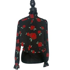 Forever 21 Sheer Top Floral Print Size S Smocked Romantic Feminine Mock Neck