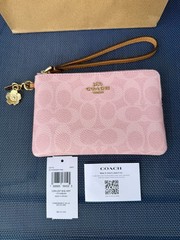 NWT COACH CEF72 Corner Zip Wristlet Signature Canvas with Charm Gold Powder Pink