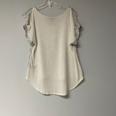 Simply Styled Womens Medium Cold Shoulder High Low Print Cream Short Sleeve Top