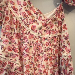 Free People Women’s M Mini Dress V-Neck Puff Sleeve Floral Ivory Pink Purple