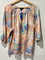 Lauren Ralph Lauren Peasant Top Womens 1X Multicolor Tie Neck Boho Paisley Comfy