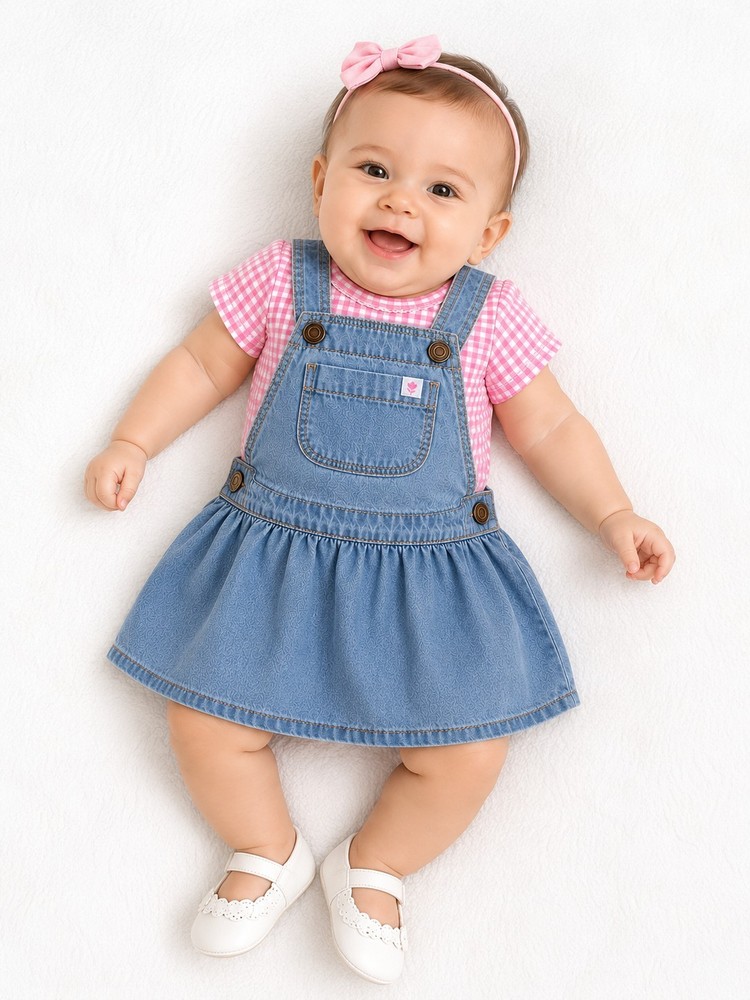 Carter’s Baby Girl 2-Piece Pink Checkered Bodysuit & Denim Jumper Set 6 Months