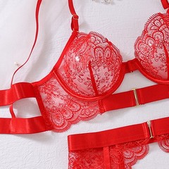 Embroidered Eyelash Lace Bra Waist Garter Thongs Thigh Belt 4-Piece Lingerie Set