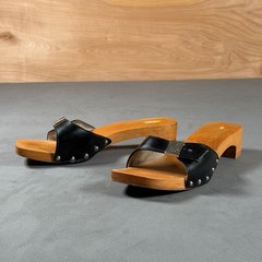 VTG Dr Scholls Womens 9 Wooden Sandals Black Leather Slides Rare made in Brazil