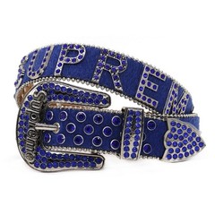 Blue Rhinestone Studded Western Belt – Y2K Bling Cowboy Statement Belt