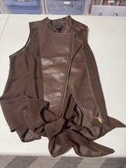 Cotton Express Brown Sleeveless Faux Leather Zip Front Mesh Tie Hem Vest L