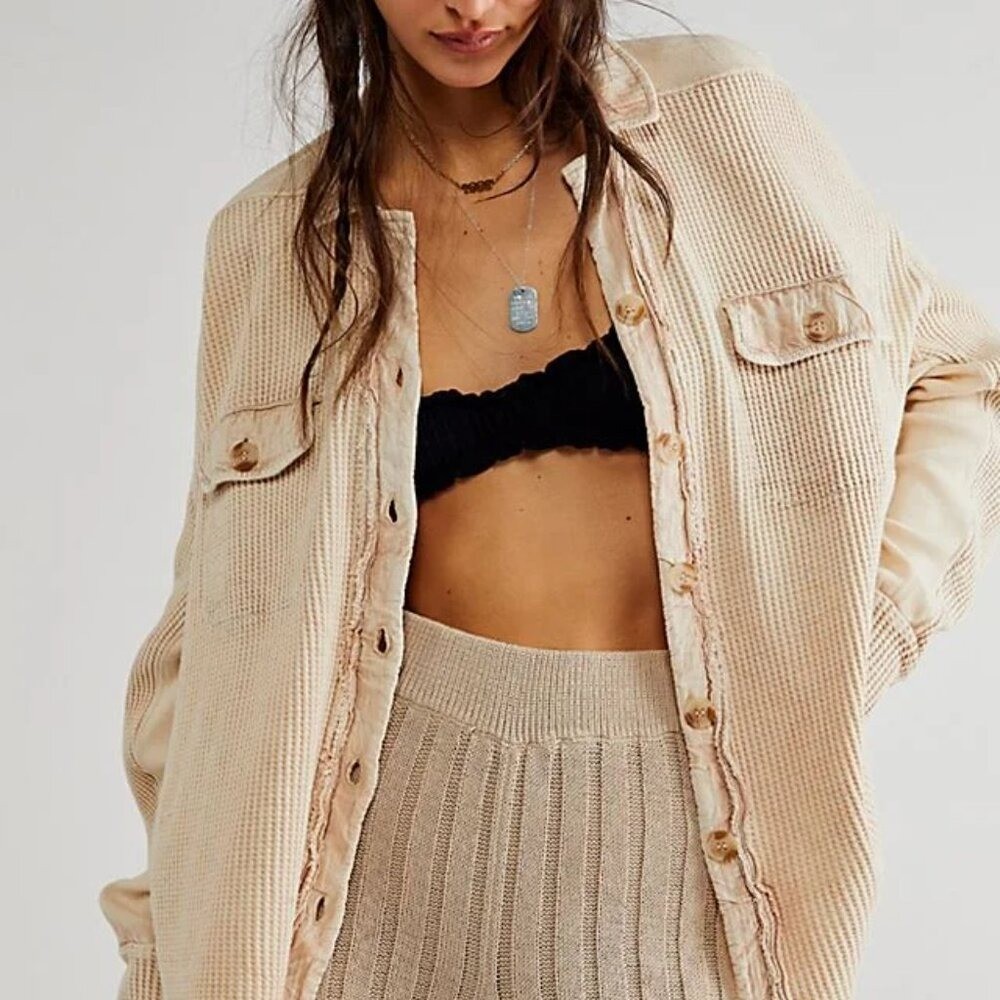 Free People FP One Thermal Button Down Scout Shirt Jacket Shacket Waffle Knit