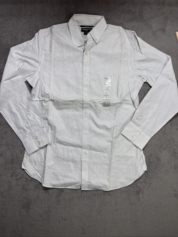 Claiborne Mens *NEW* Medium SlimFit Shirt White/black Stripe