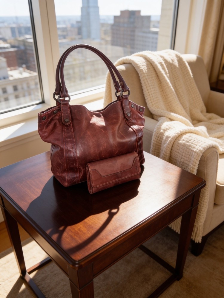 🔥Frye Leather Purse Melissa Tote Distressed Boho burgundy MATCHING WALLET 🔥