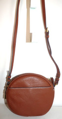 J. Crew Signet Round Crossbody Bag Brown Leather Red Accents Purse Lock & Key