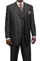 Men’s Fashionable Denim Look Wool Feel Suit with Collared Vest Black/Navy 38~60