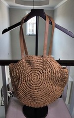 Round Woven Straw Tote Bag with Faux Leather Handles