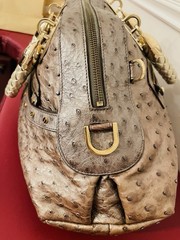 Versace Ostrich Quilted Satchel Top Handle, Braided Handles, Zip, Gold Hardware