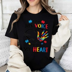 Autism Puzzle Handprint I Am His Voice He Is My Heart Mom Son T-Shirt