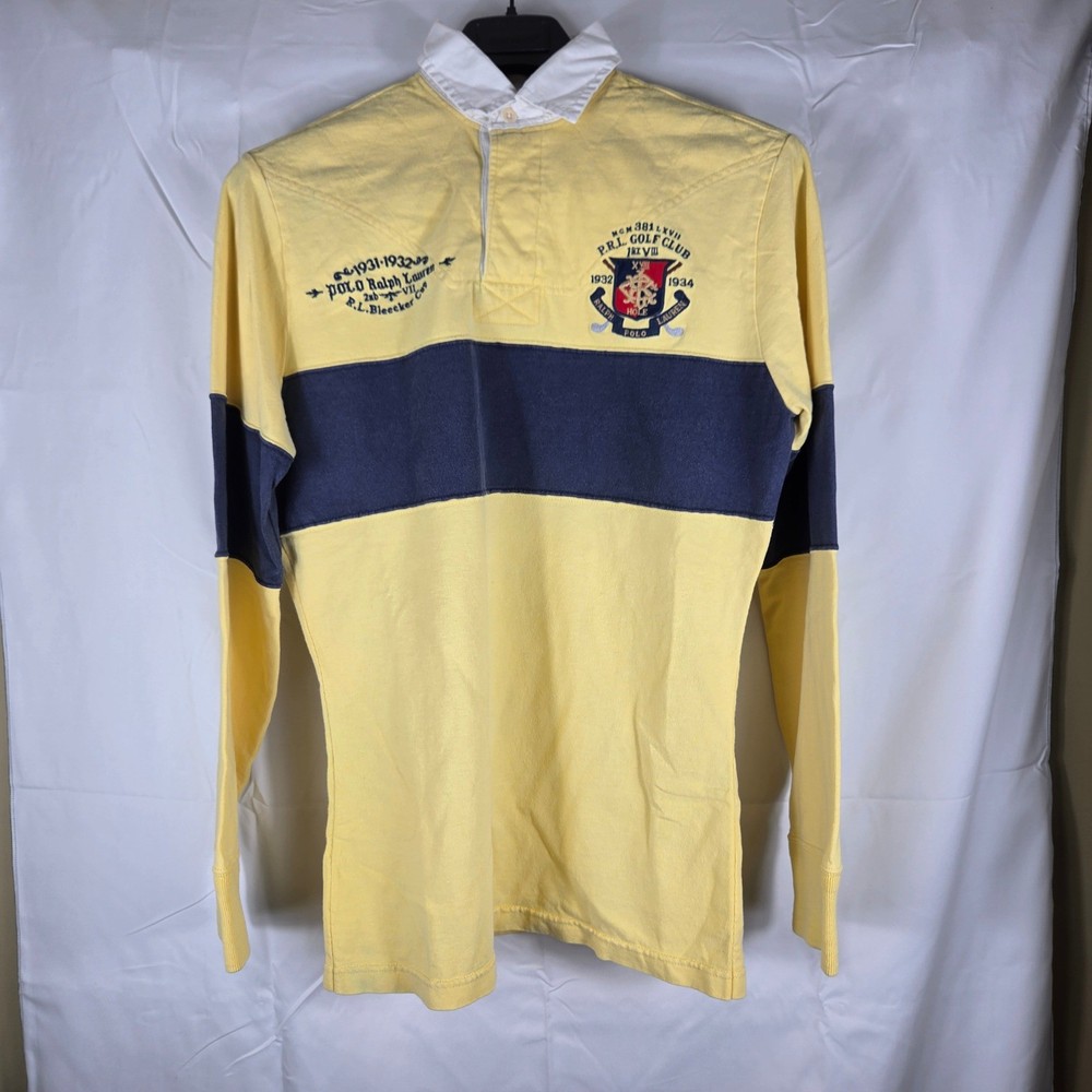 Polo Ralph Lauren Mens Rugby Shirt Yellow Navy Blue Golf Club Bleecker Cup M