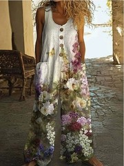 Women Sleeveless Wide Leg Jumpsuit Floral Print Loose Pocket Long Overall Romper