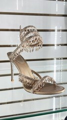 RENÉ CAOVILLA Gold Rhinestone Strappy Ankle Strap Open Toe Buckle Heel Women