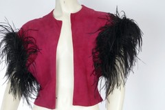 VTG Becky Bisoulis Vest S Burgundy Suede Black Ostrich Feather Cropped Bolero
