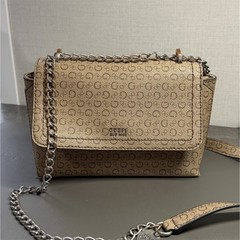 GUESS Beige/Brown Logo Print Small Crossbody Bag w/ Chain Strap, Magnetic