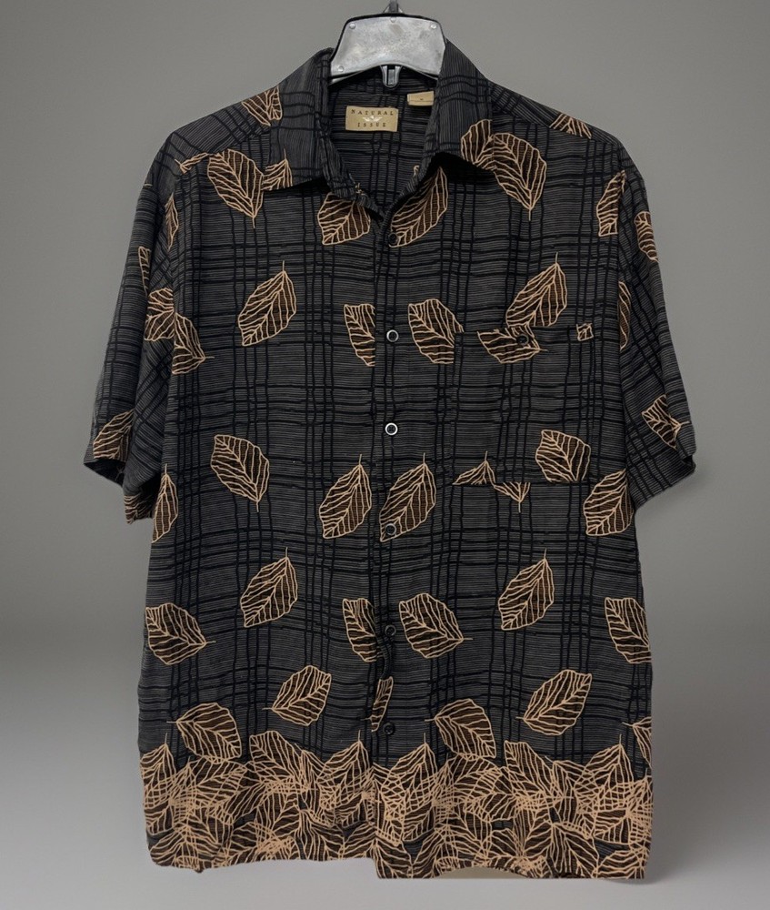 Natural Issue Shirt MEDIUM Viscose Rayon Black Brown Untucked Autumn Tropical