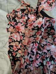 ⚘EUC Rewind Black Pink Floral High Low Maxi Dress Lace Up Back Slit Ruffles M