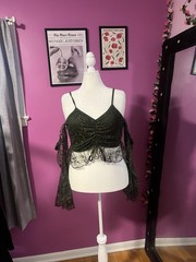 ROMWE Green Floral Lace Square Neck Spaghetti Strap Bell Sleeve Crop Top 1XL