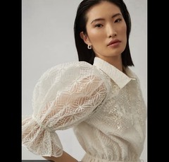 Pankaj & Nidhi White Lace Floral Embroidered Sequin Tie Blouse Sheer L