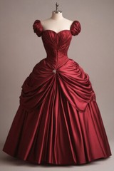 Burgundy Satin Off-Shoulder Ball Gown Prom Wedding Dresses With Puff Sleeves