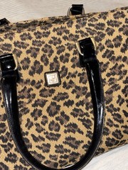 Leopard Print Satchel Top Handle Bag Tan/Black Zip, Detachable Strap, Red Lined