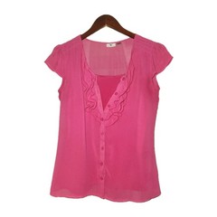 Worthington Women’s Hot Pink Scoop Neck Ruffle Button Short Sleeve Blouse M