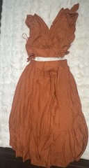 Free People 2-Piece Orange/White Polka Dot Top & Skirt Set Ruffle V-Neck M