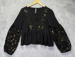 Anthropologie Womens Medium Black Sequin Embellished Peplum Top Balloon Sleeve