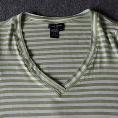 Max Edition Striped V Neck Tunic Top Womens Small Green White Ruched Sleeve