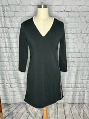 Calvin Klein Black V Neck Tunic Dress 3 4 Sleeve Logo Side Stripe – Small
