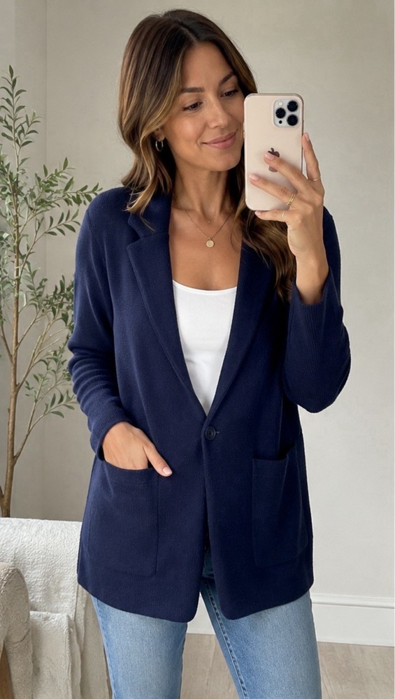 J.Crew Navy Sophie Sweater Blazer Small Knit Jacket Preppy Career Office Layer