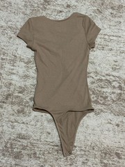 American Eagle Tan Ribbed Cinched V-Neck Short Sleeve Bodysuit