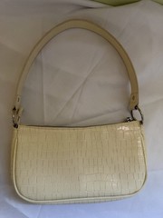 Cream Crocodile Embossed Shoulder Bag Rectangle Zip Closure Silver Hardware