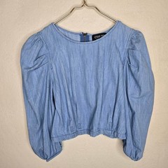C’est Toi Puff Sleeve Chambray Zip Back Cropped Top