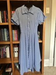 ivy + blu Women’s 14 Blue White Striped Midi Shirt Dress Cotton Collared Tie