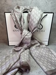GUCCI SCARF SHAWL AUTHENTIC 100% SILK BEIGE BROWN CLASSIC LOGO LIGHT WEIGHT