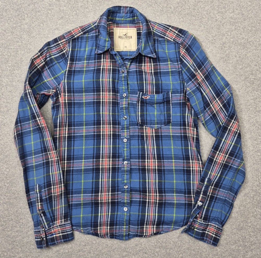Hollister Shirt Womens XS Blue Plaid Flannel Button Up Long Sleeve Y2K Cowgirl