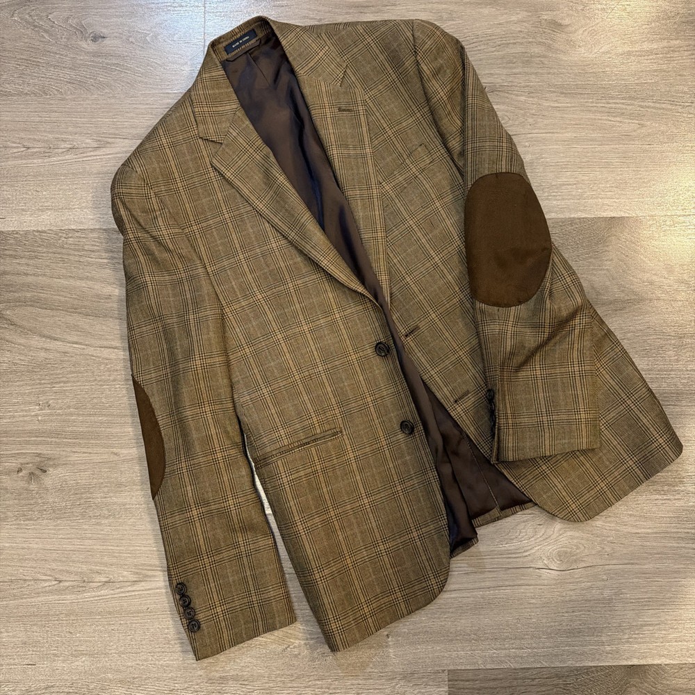 Ralph Lauren Blazer Men 38S Elbow Patch Silk Wool Cashmere Windowpane Sport Coat