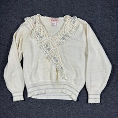 Vintage 80s 90s Jaclyn Smith Ruffle Sweater Womens Large L Ivory Silver