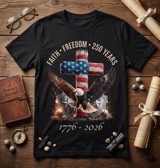 Faith Freedom 250 Years 1776-2026 Patriotic Eagle Cross Christian T-Shirt