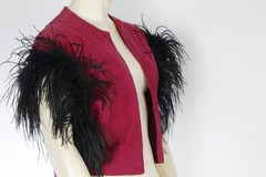 VTG Becky Bisoulis Vest S Burgundy Suede Black Ostrich Feather Cropped Bolero